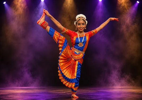 Advanced Bharatanatyam dancer holding a balance pose on stage at Spotlight Academy, The Woodlands TX