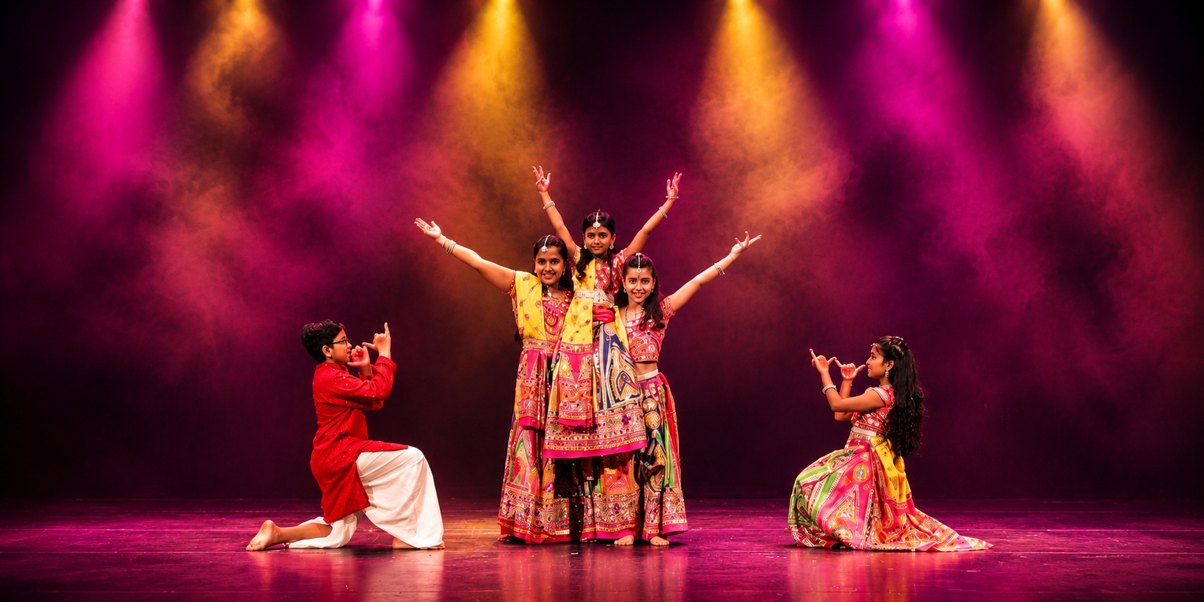 Bollywood Dance students in vibrant costumes performing on a spotlit stage at Spotlight Academy, Spring & The Woodlands TX