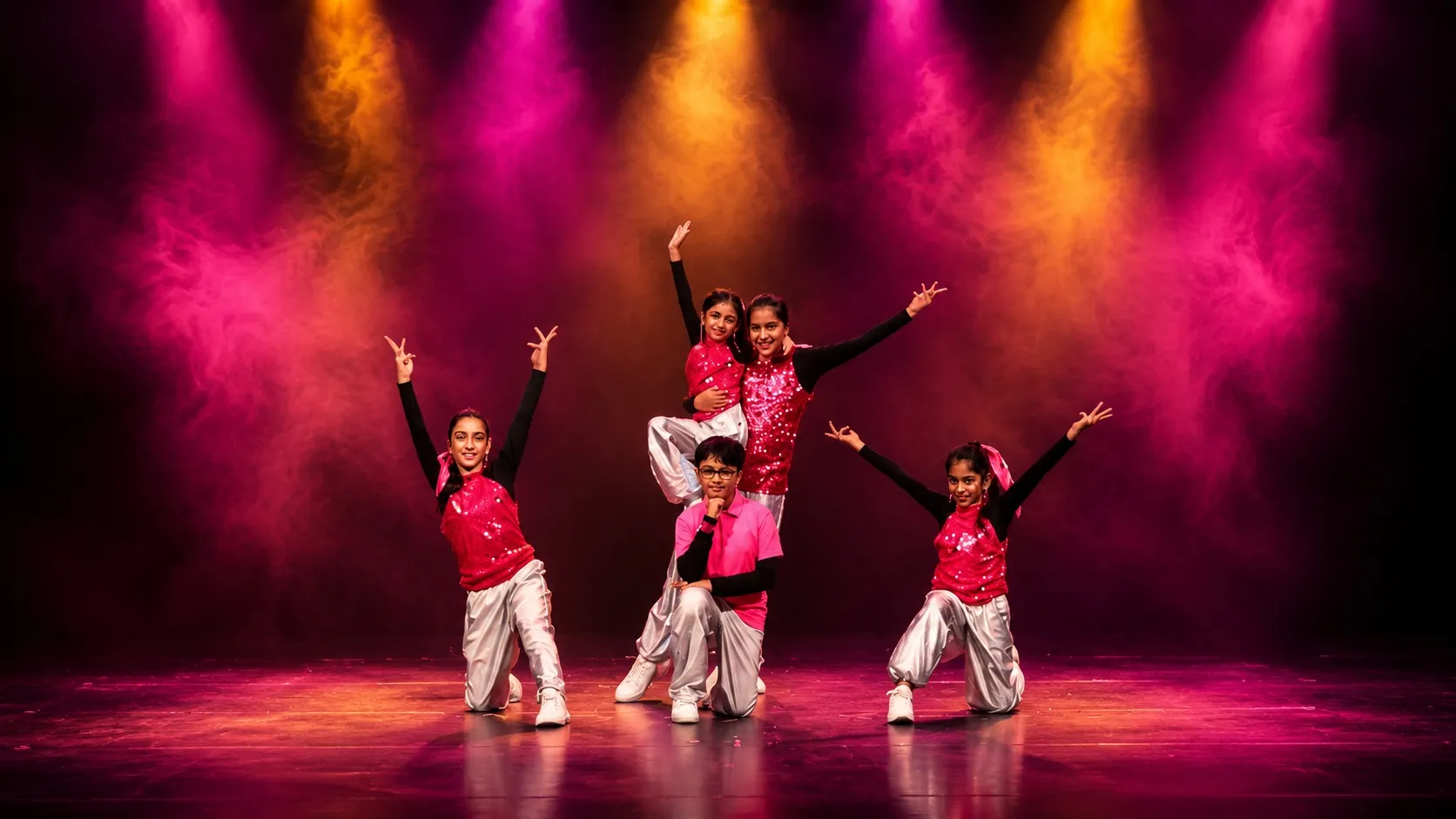 Teen Bollywood dance students in a group formation on stage at Spotlight Academy, The Woodlands TX