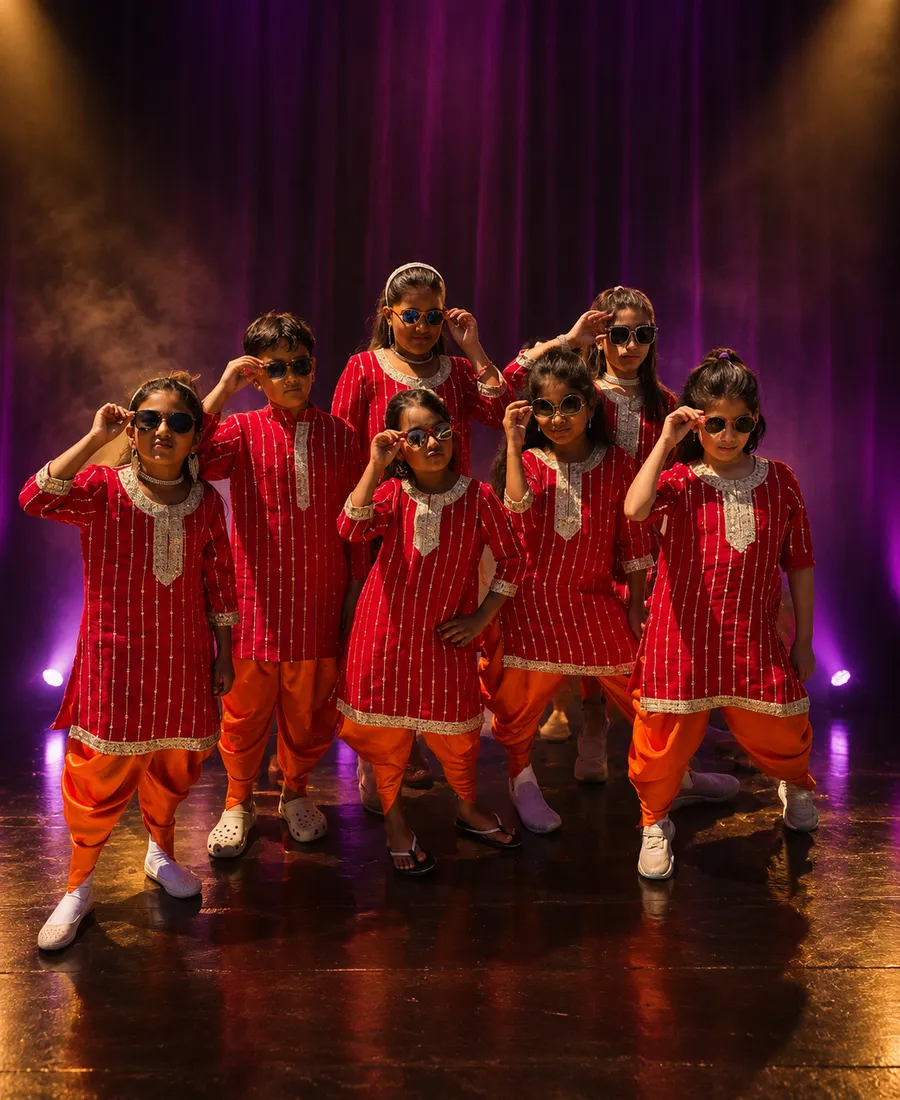 Three students performing Bollywood Dance on stage at Spotlight Academy, The Woodlands TX