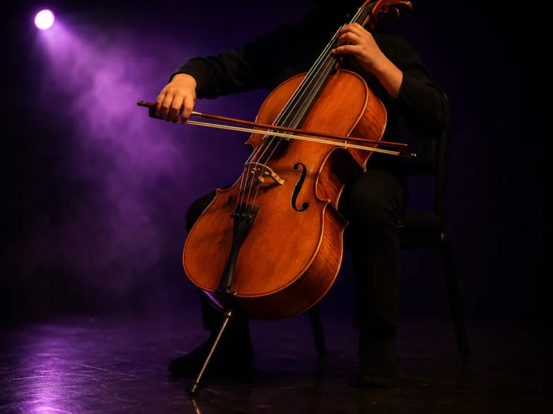 Cello played on a dark stage under violet light - cello lessons at Spotlight Academy, Spring TX