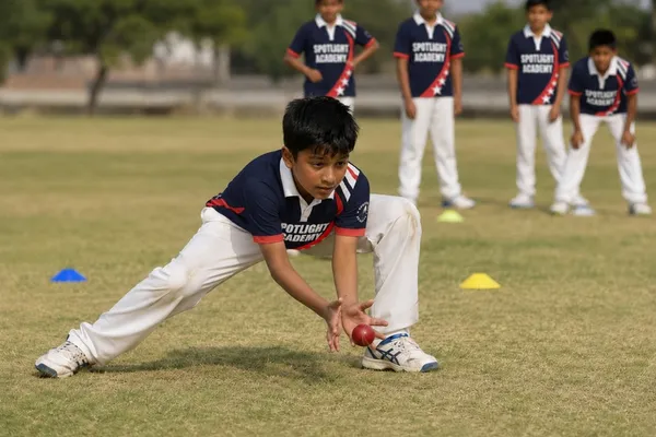Spotlight Academy cricket student diving to field the ball during outdoor fielding drills, The Woodlands TX