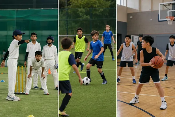 Young cricket players alongside soccer and basketball teams - showing how cricket develops game intelligence that transfers to all team sports