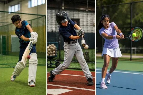 Young cricket batsman alongside a baseball batter and tennis player - showing shared hitting mechanics and active footwork across sports
