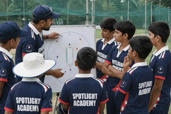 Cricket coach explaining field placement strategy on a whiteboard to Spotlight Academy players, The Woodlands TX