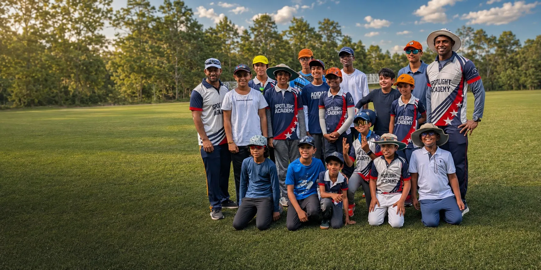 Spotlight Academy youth cricket team posed on the ground before a match, Spring & The Woodlands TX