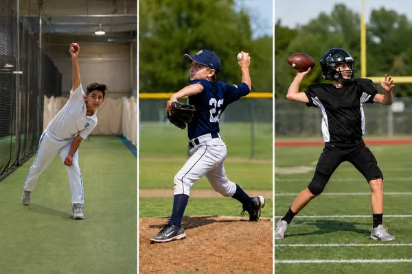 Young cricket bowler alongside a baseball pitcher and football quarterback - showing the shared throwing mechanics across sports