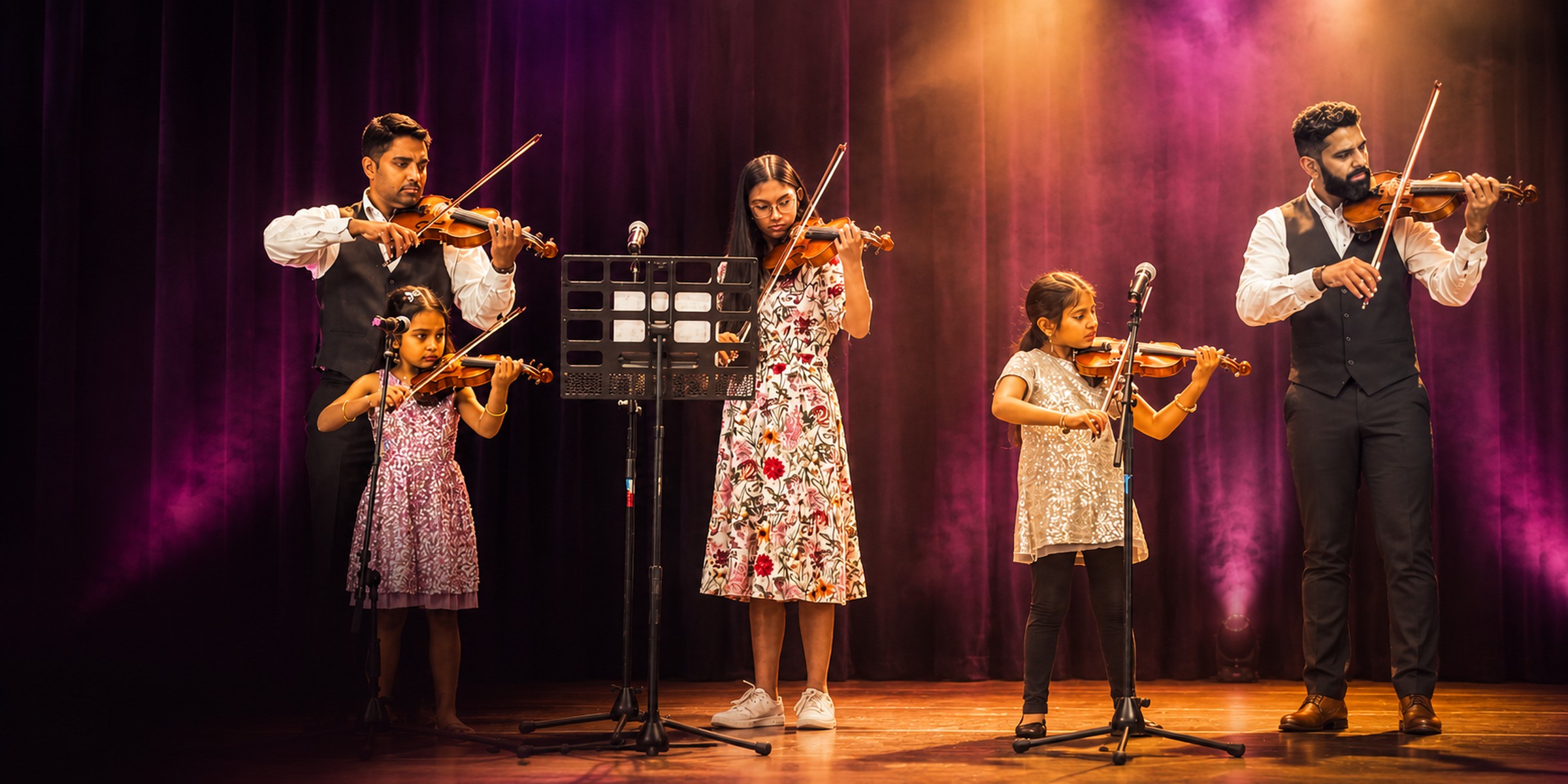 Violin players of all ages performing together on a spotlit stage, Spotlight Academy music lessons in Spring & The Woodlands TX